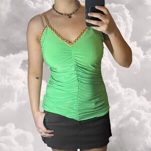 Y2K 2000s club neon green and gold ruched vneck tank top size XL